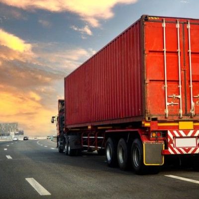 Truck on highway road with red container, transportation concept_,import,export logistic industrial transporting _ Premium Photo